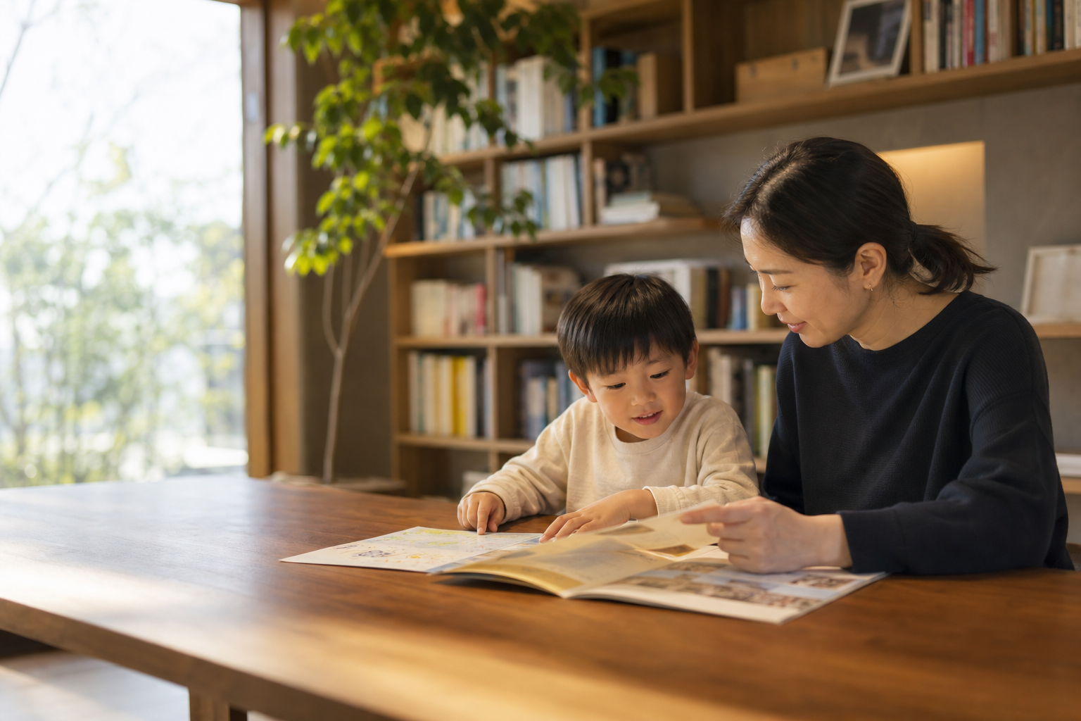 自然光の入る書斎で、学校資料を一緒に見る親子