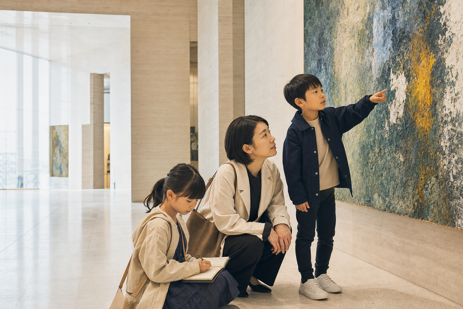 美術館で作品の細部を観察し、気づきを伝え合う親子