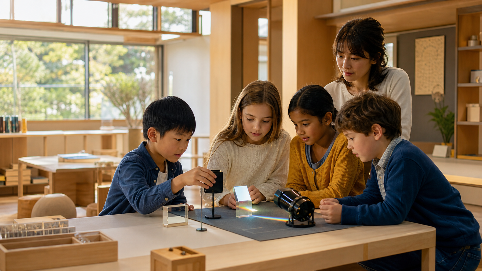 子供たちがプリズムと光を使い、虹が生まれる仕組みを確かめている様子
