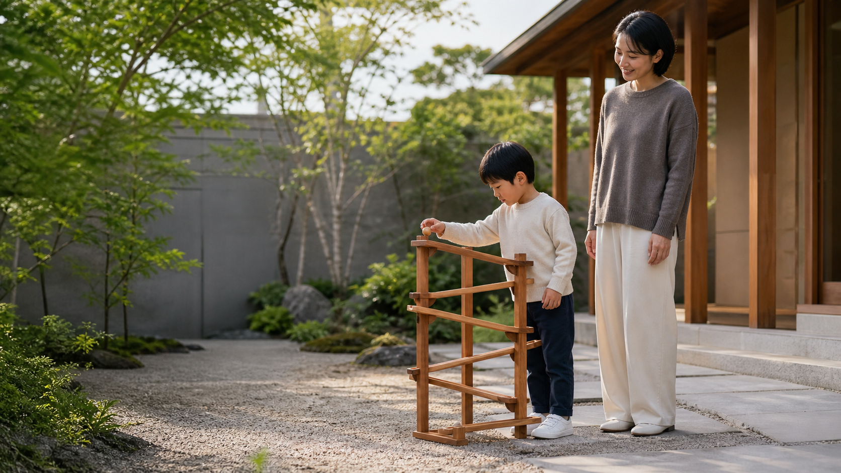 緑豊かな庭で、木の球を二つの坂道に転がし、動きの違いを観察する子供と見守る保護者