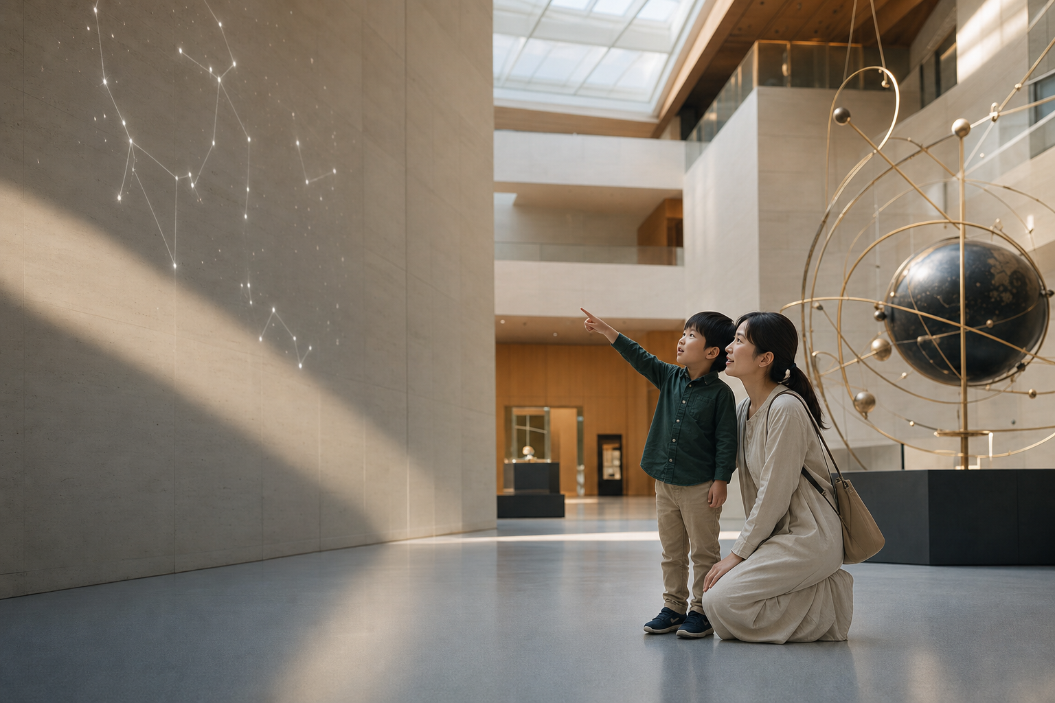 現代的な科学ミュージアムで、星座の光を見つけて指差す子どもと、それを見守る保護者