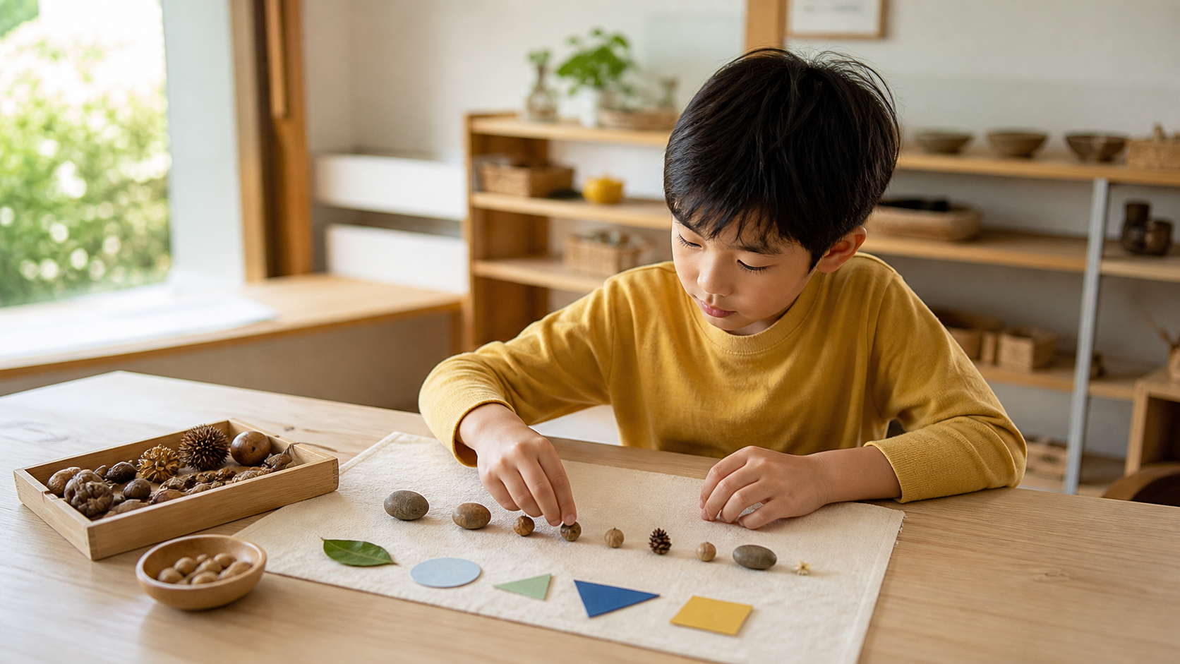 自然光の入る部屋で、木の実や石、色紙を順番に並べて確かめる子供