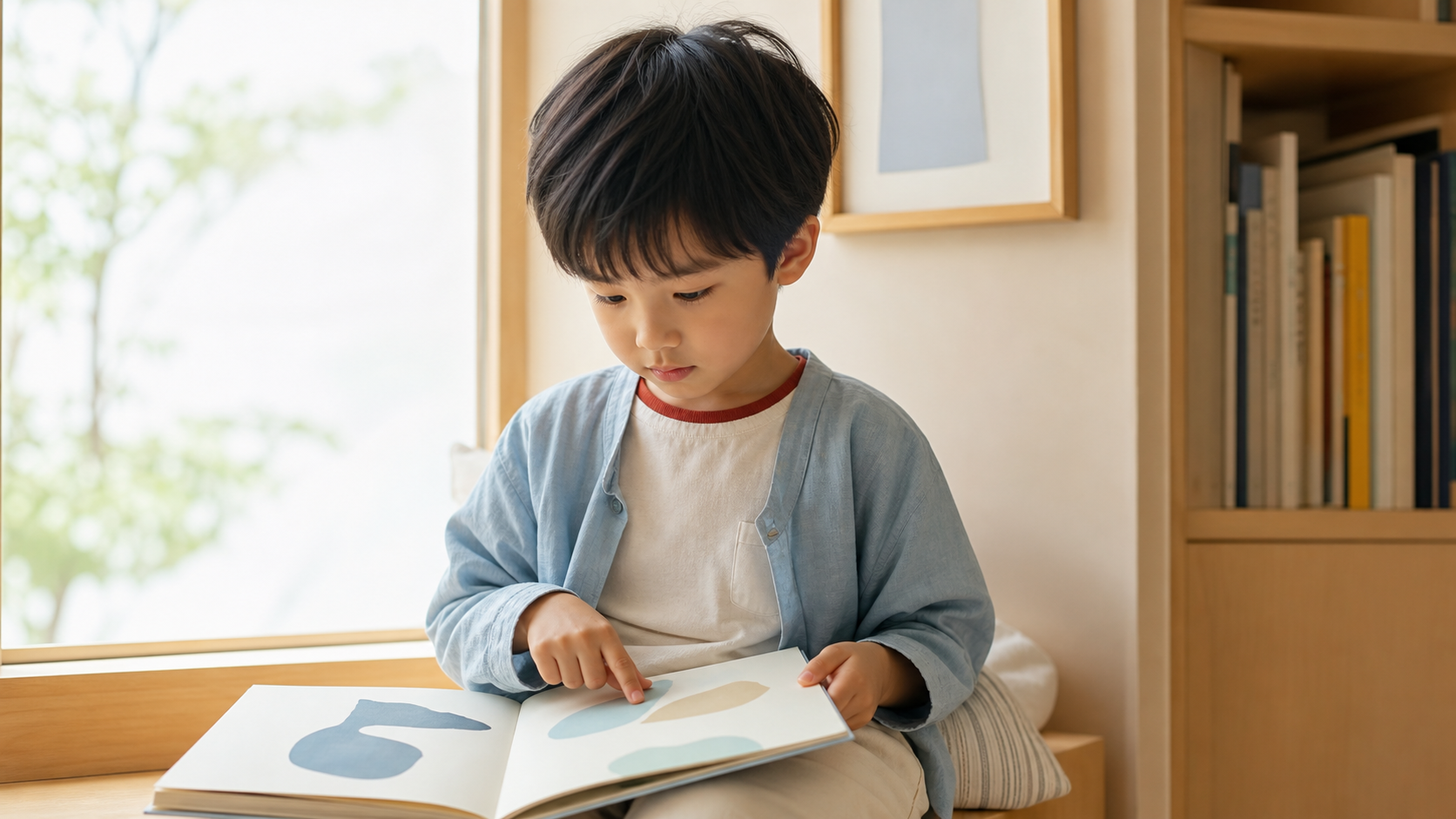 窓辺で絵本の前のページへ戻り、指先で絵を確かめる子供