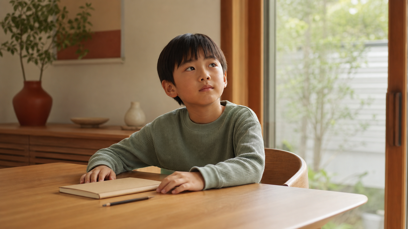 自然光の入る食卓で、質問への答えを静かに考える子供