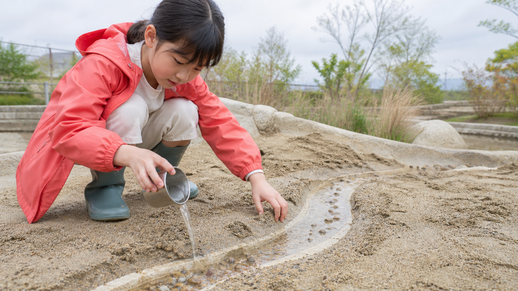 屋外の砂場で、水が流れる道を自分の手で試す女の子