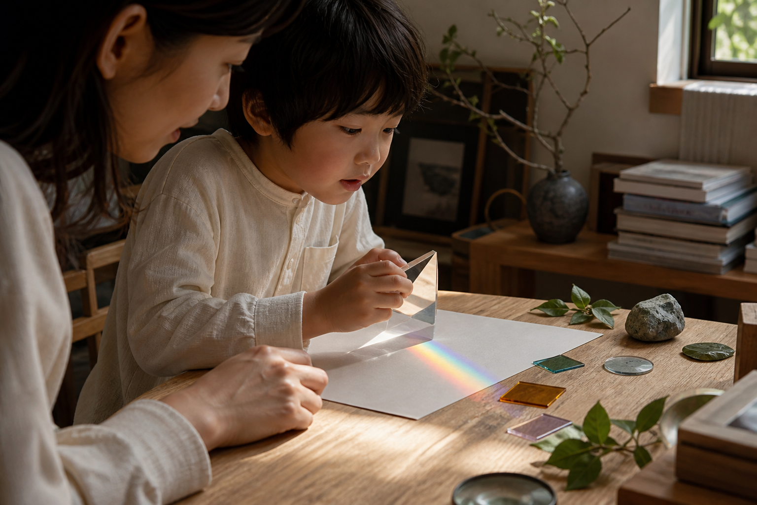 家庭の木のテーブルで、プリズムから生まれる虹を親子で観察する様子