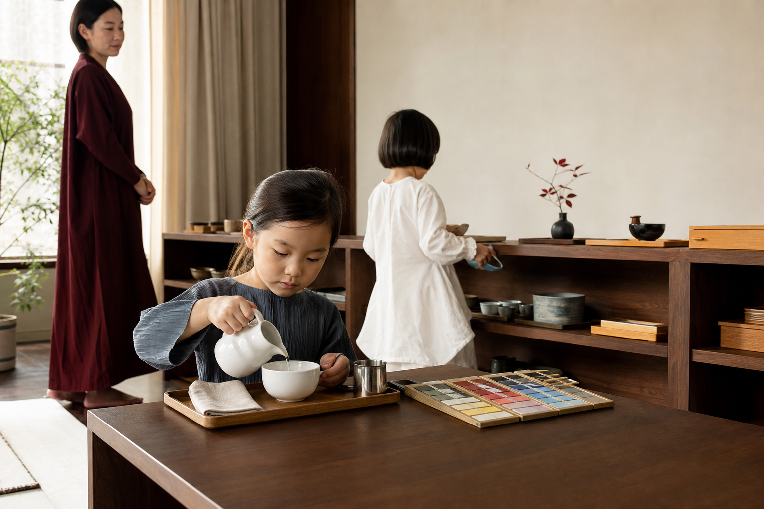 整えられた環境で、子供が自分の手で水を注ぐ活動に集中する様子
