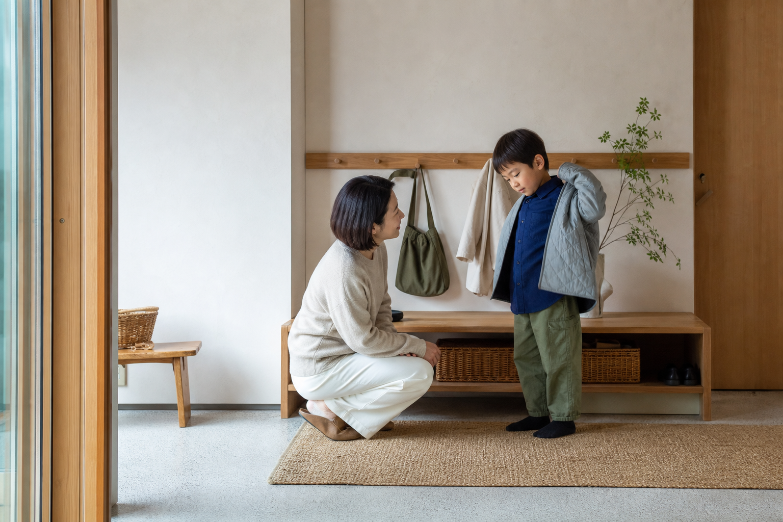 低い衣服掛けの前で自分で上着を着る子供を、目線を合わせて見守る保護者