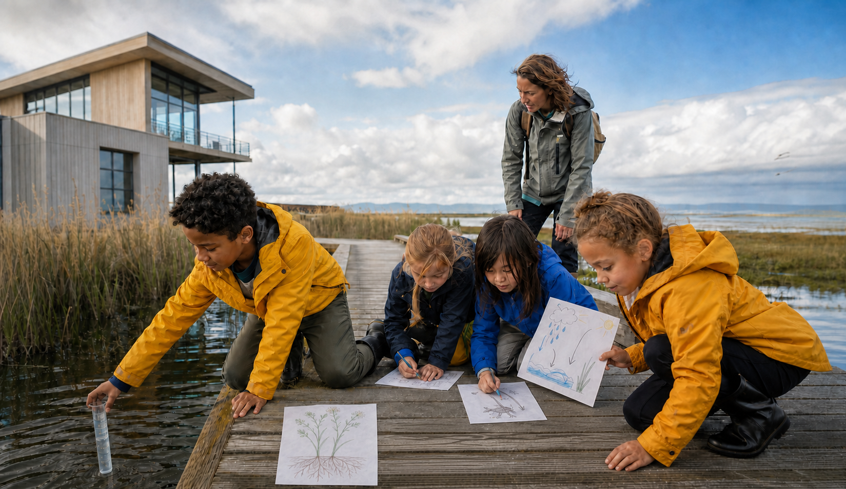 海辺の湿地で、子供たちが水と環境を観察し記録する屋外学習