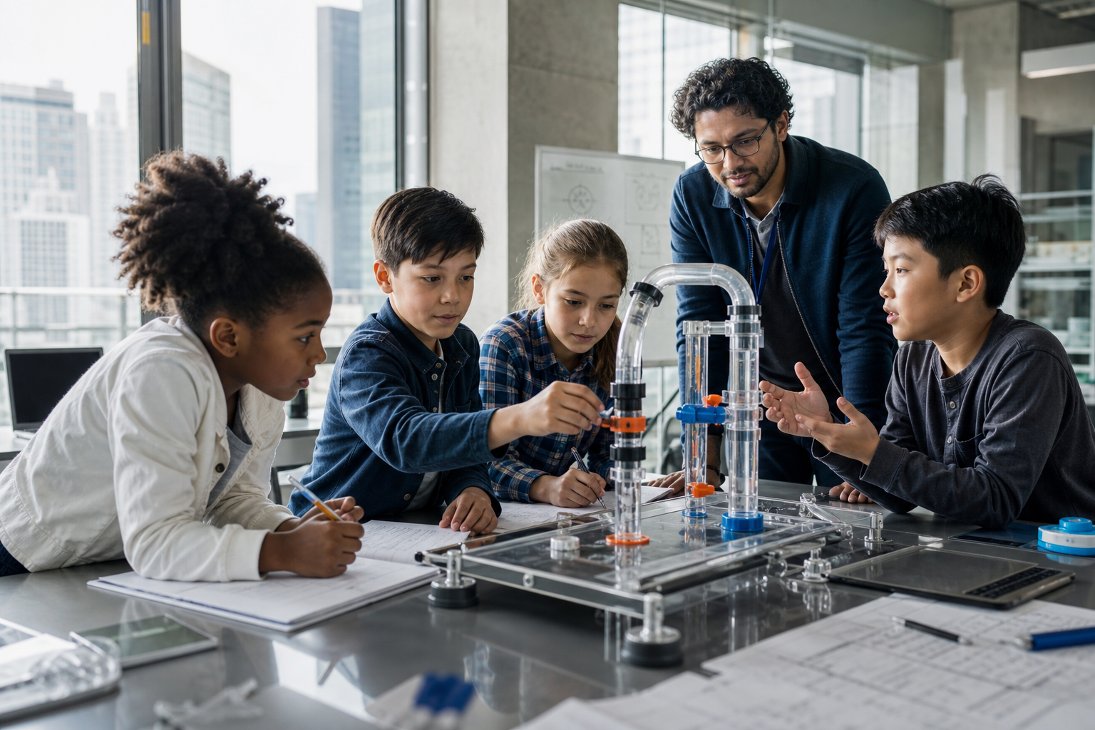 子供たちが水の仕組みを試作し、測定と対話を重ねるプロジェクト学習