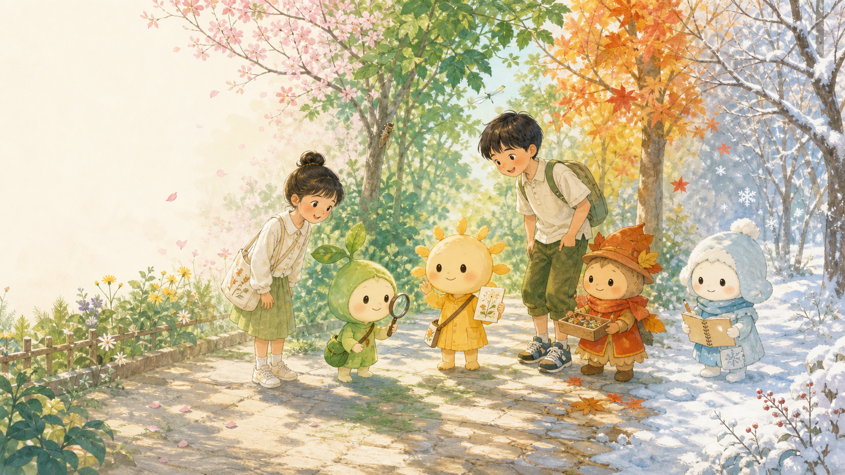 季節の変化を見つけながら学ぶ子供たちのオリジナルキャラクター