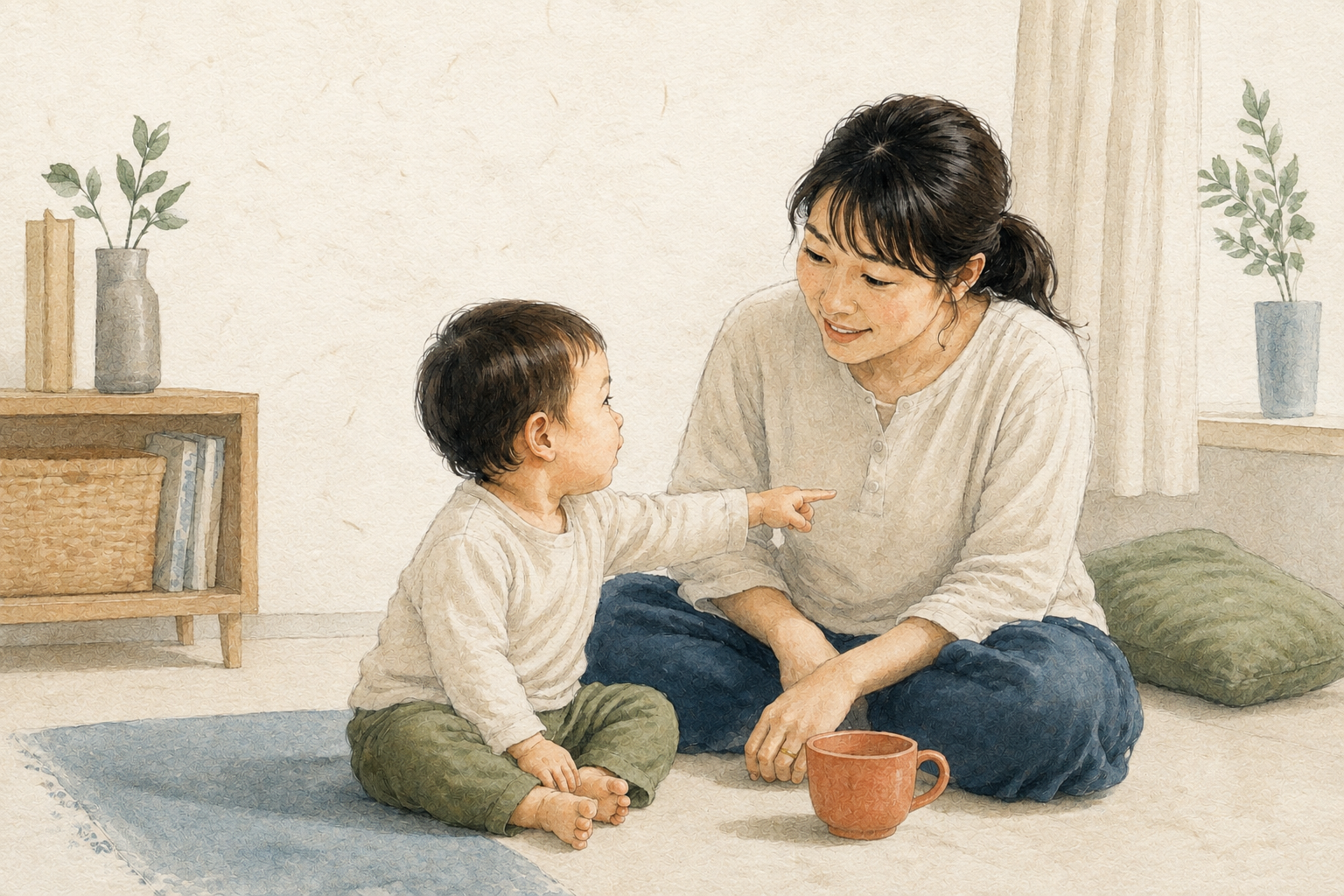 指さす幼児に母親が目を合わせて応じるイラスト