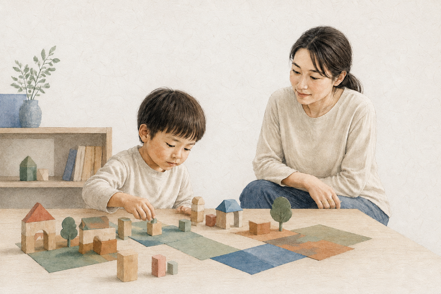 積み木で街を作る子どもと、そばで見守る母親のイラスト