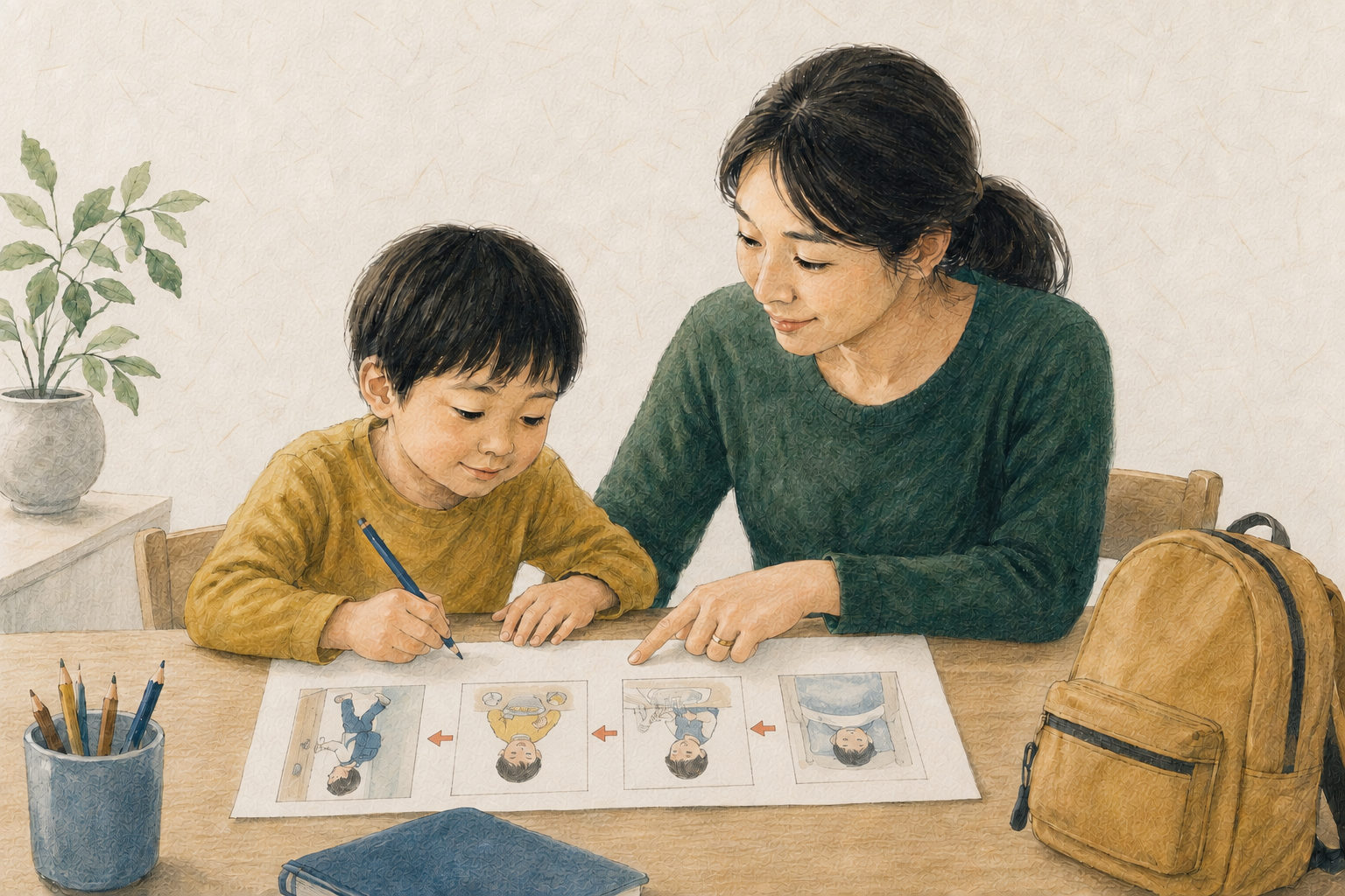 朝の支度の順序を絵で確かめる子どもと母親のイラスト