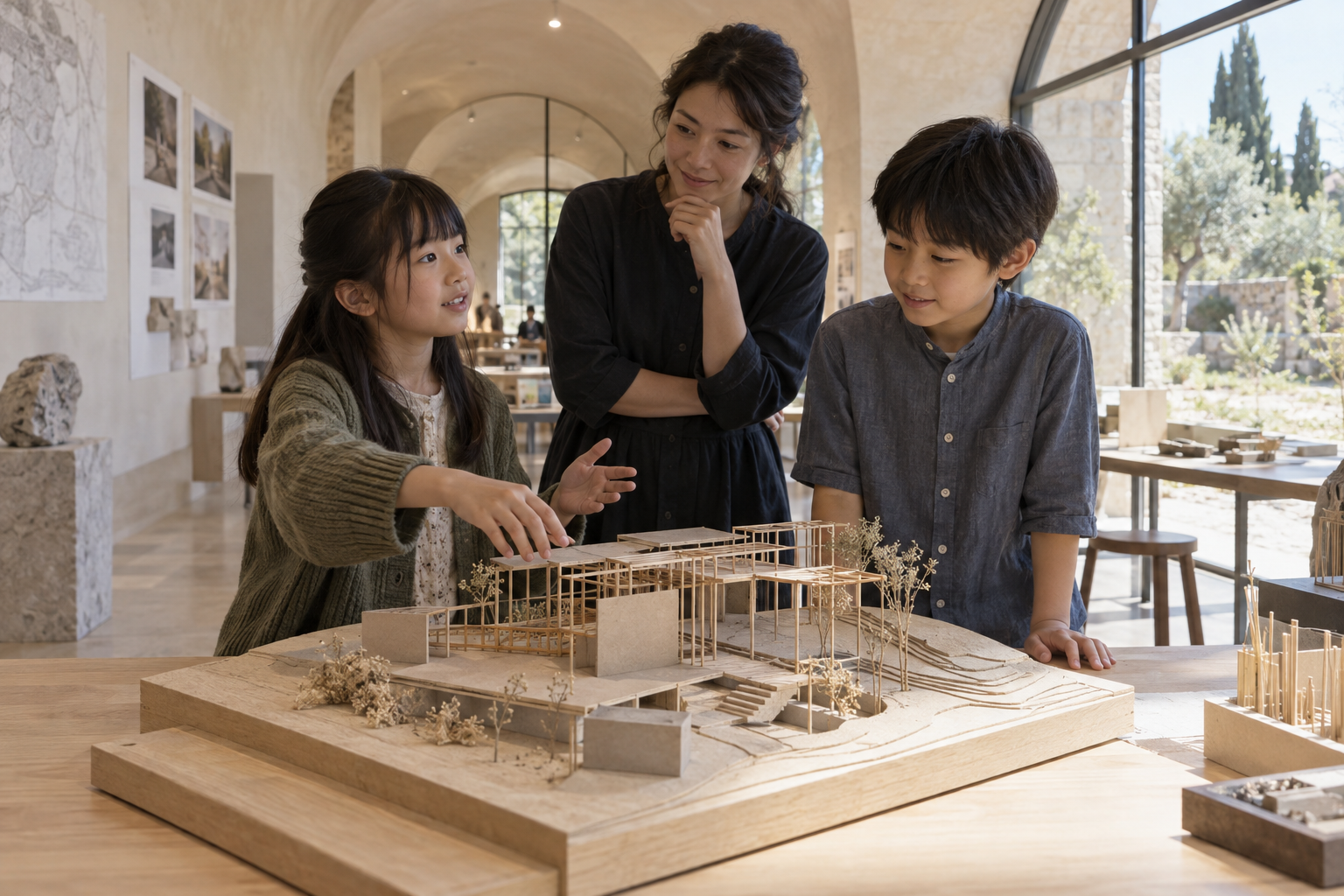 自然光のアトリエで、子供たちが建築模型について考えを伝え合うイメージ