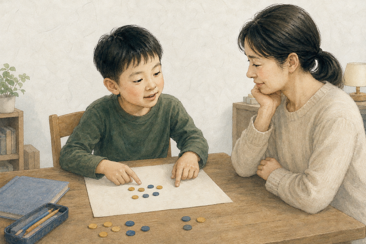 数を表す小物を指さして考えを伝える子どもと、話を聞く母親のイラスト