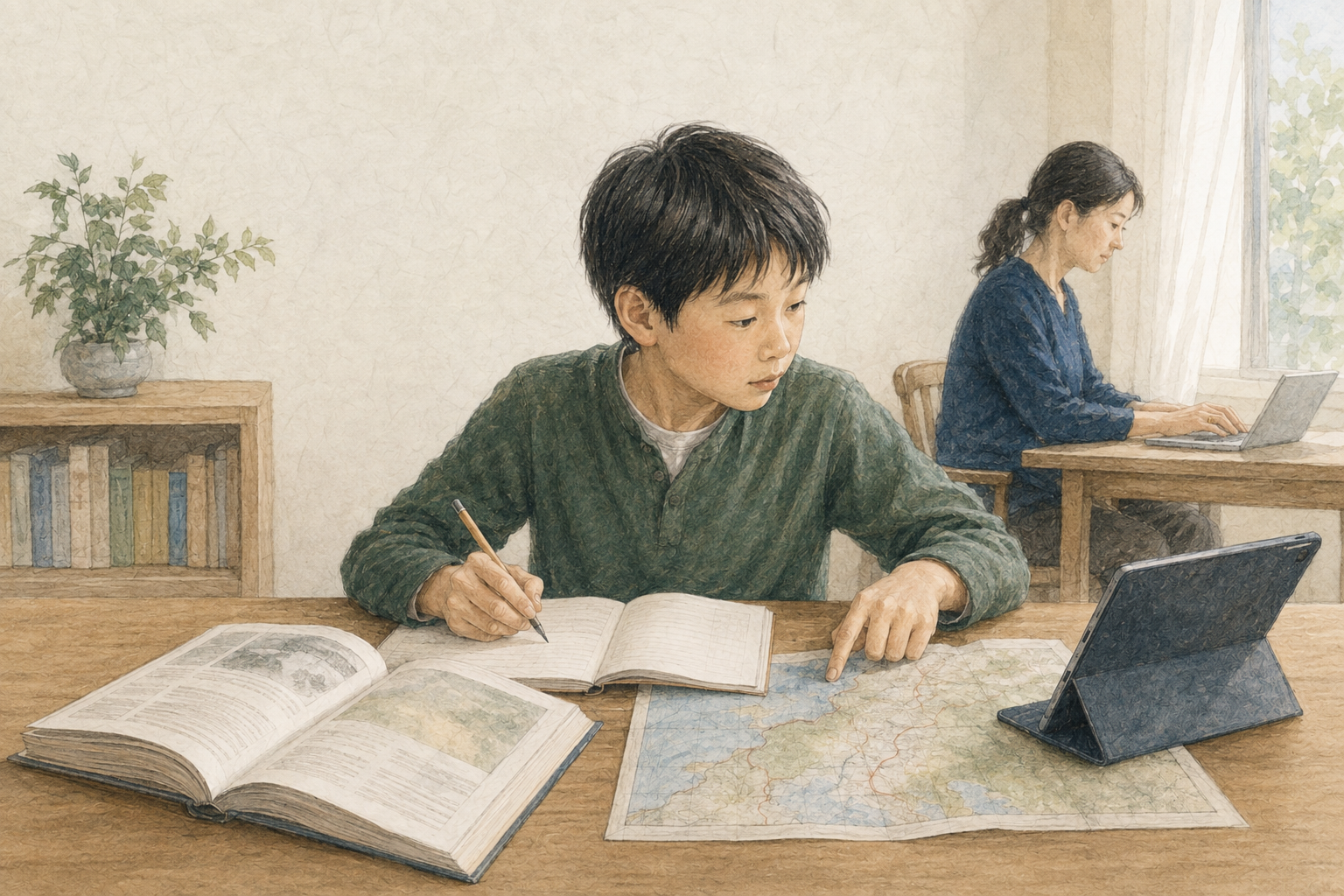 本や地図を見比べて調べる小学生と、同じ部屋で仕事をする母親のイラスト