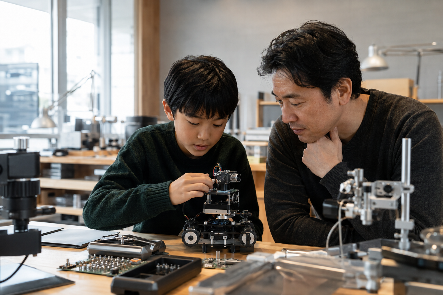 自然光の研究環境で、日本人の子供と保護者がロボットを一緒に調整している様子