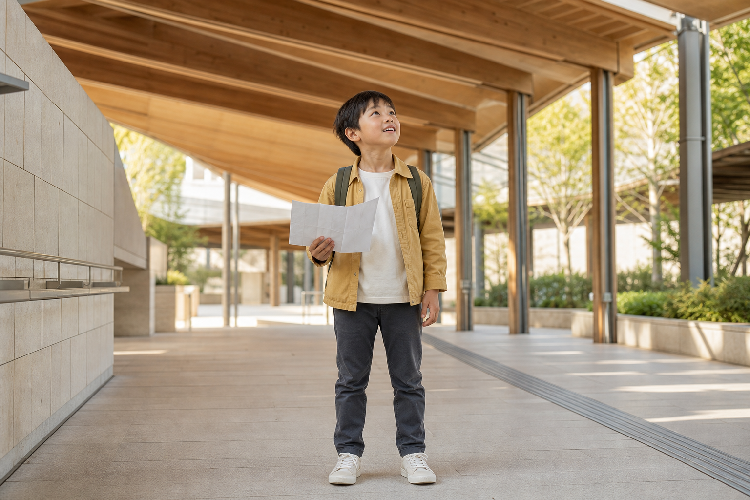 木造の公共空間で、次の行き先を確かめながら明るい表情で見上げる子供