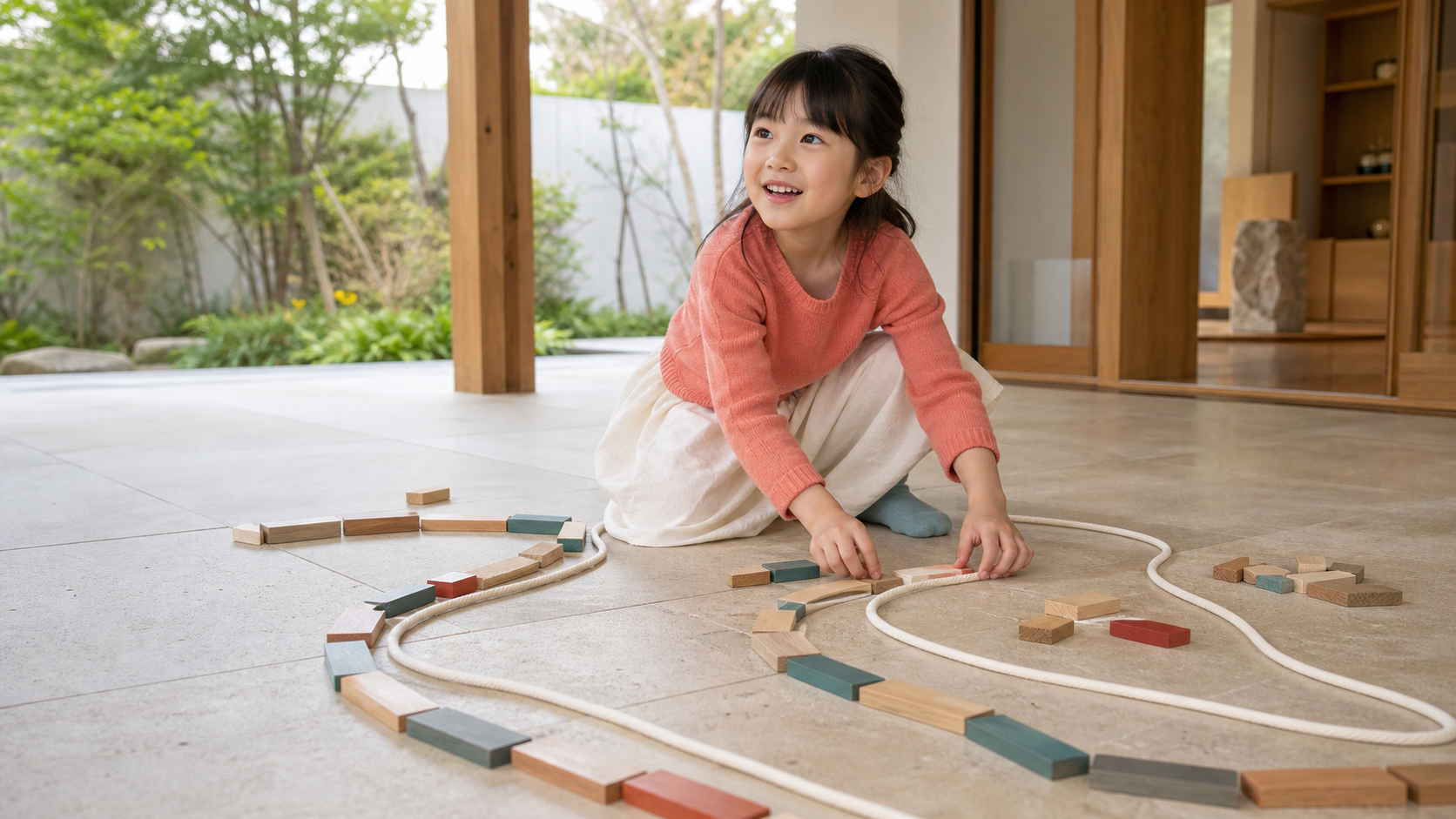 現代建築のテラスで、木のピースと綿のひもを曲線に組み替え、新しい遊び方を思いついた明るい表情の女の子