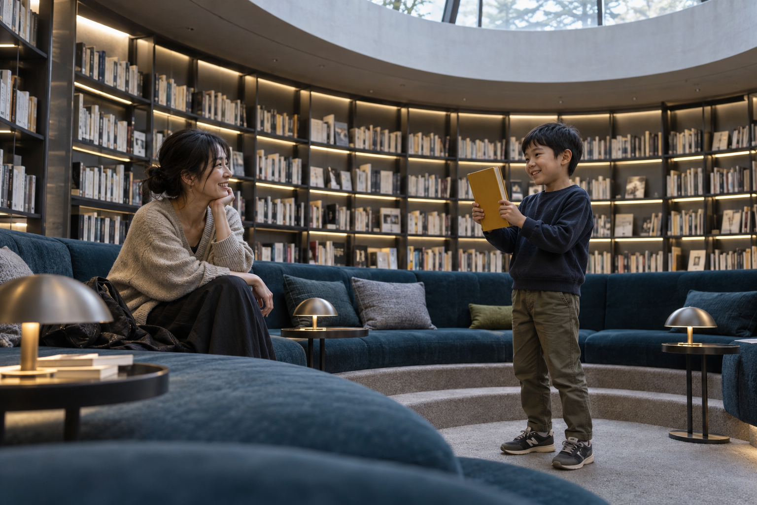 図書館で自分の選んだ本を母親に見せる子供のイメージ。