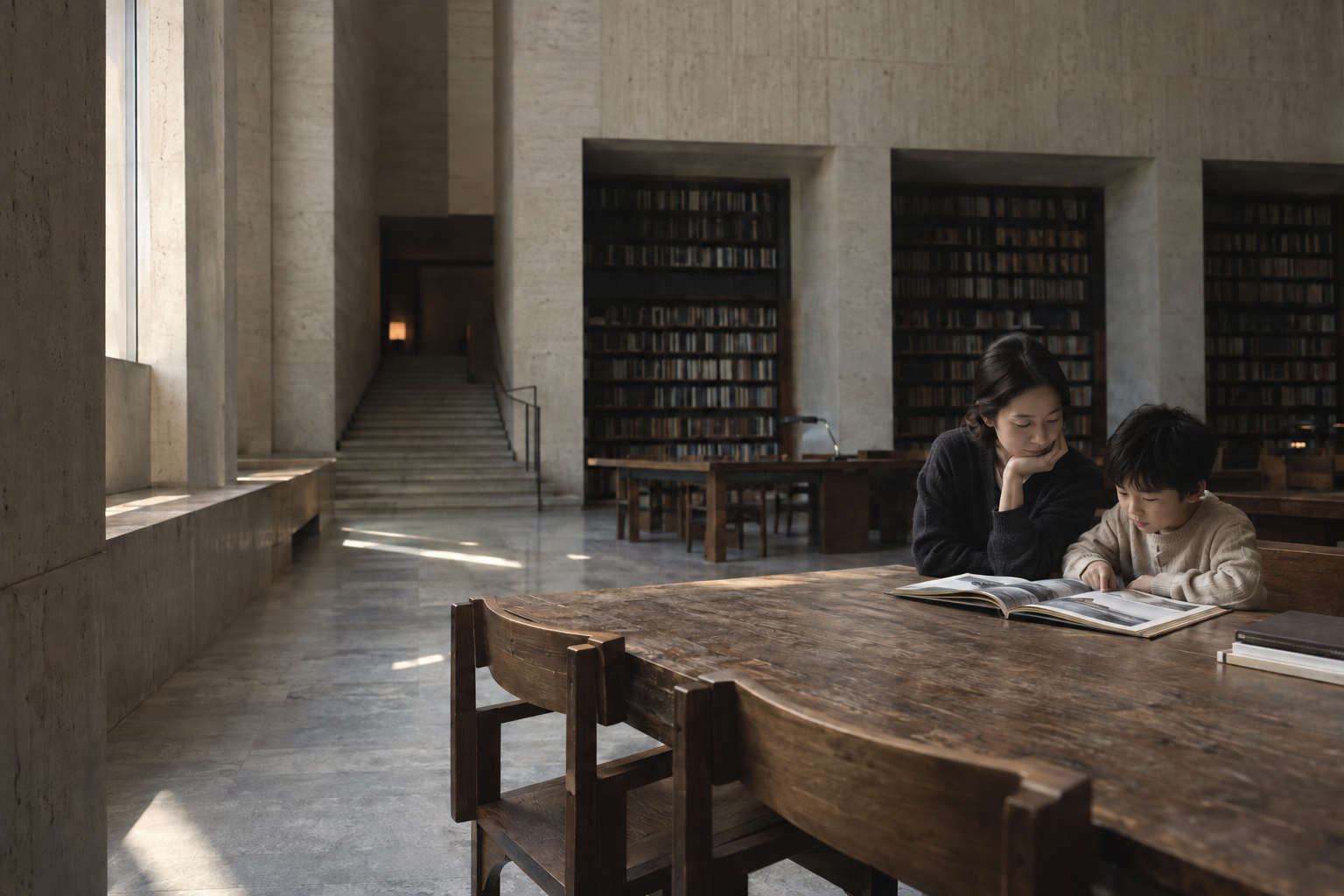 静かな図書館で一冊の図鑑を一緒に読む親子のイメージ。