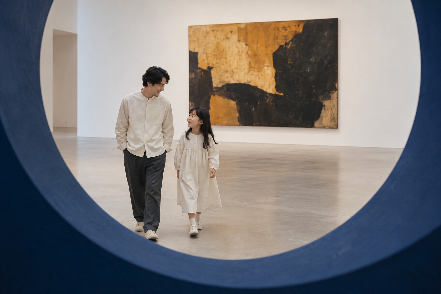 青い開口部のある現代美術館で、笑顔で語り合う親子のイメージ。