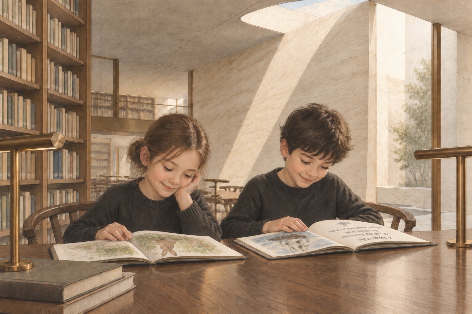 光の差す図書館で、二人の子供が笑顔で本を読むイラスト