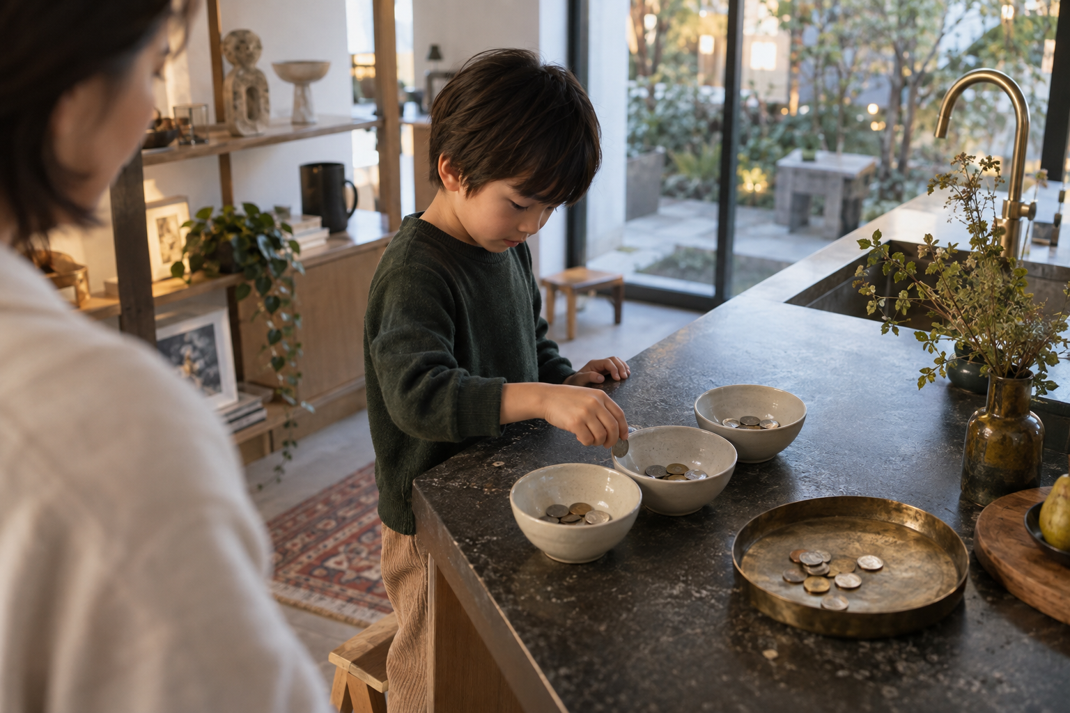三つの器へ硬貨を分けながら、使い方を自分で考える子供を母親が見守る。