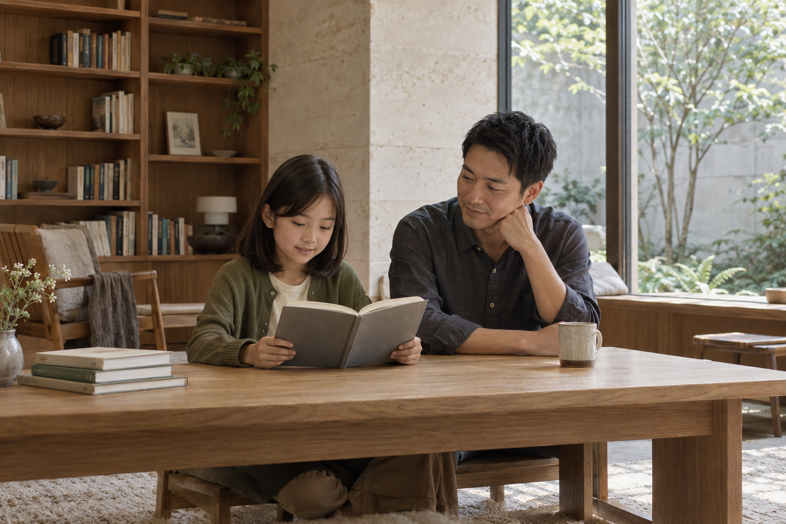 石壁と木の本棚のある読書スペースで、娘が本を読み、隣で父親が見守るイメージ