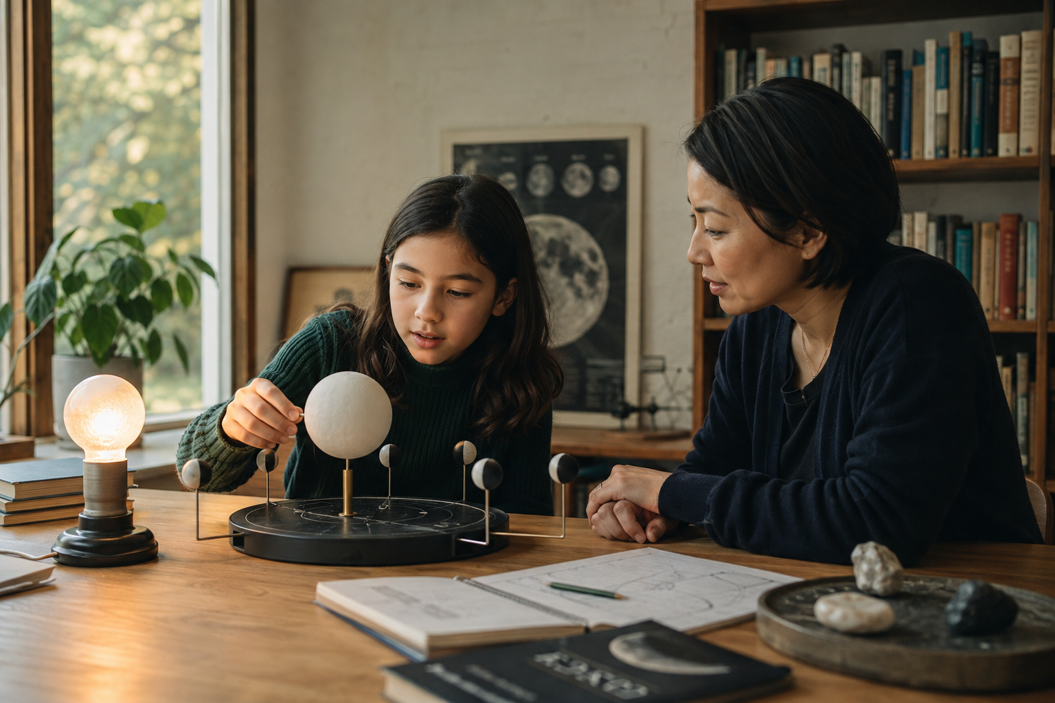 自然光の入る部屋で、親子が球体と光を使って月の満ち欠けを確かめている様子