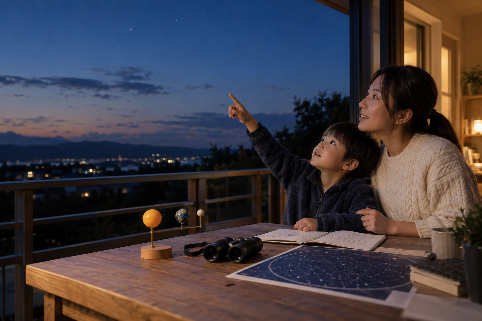 自宅のテラスで星空と記録を見比べる日本人の親子