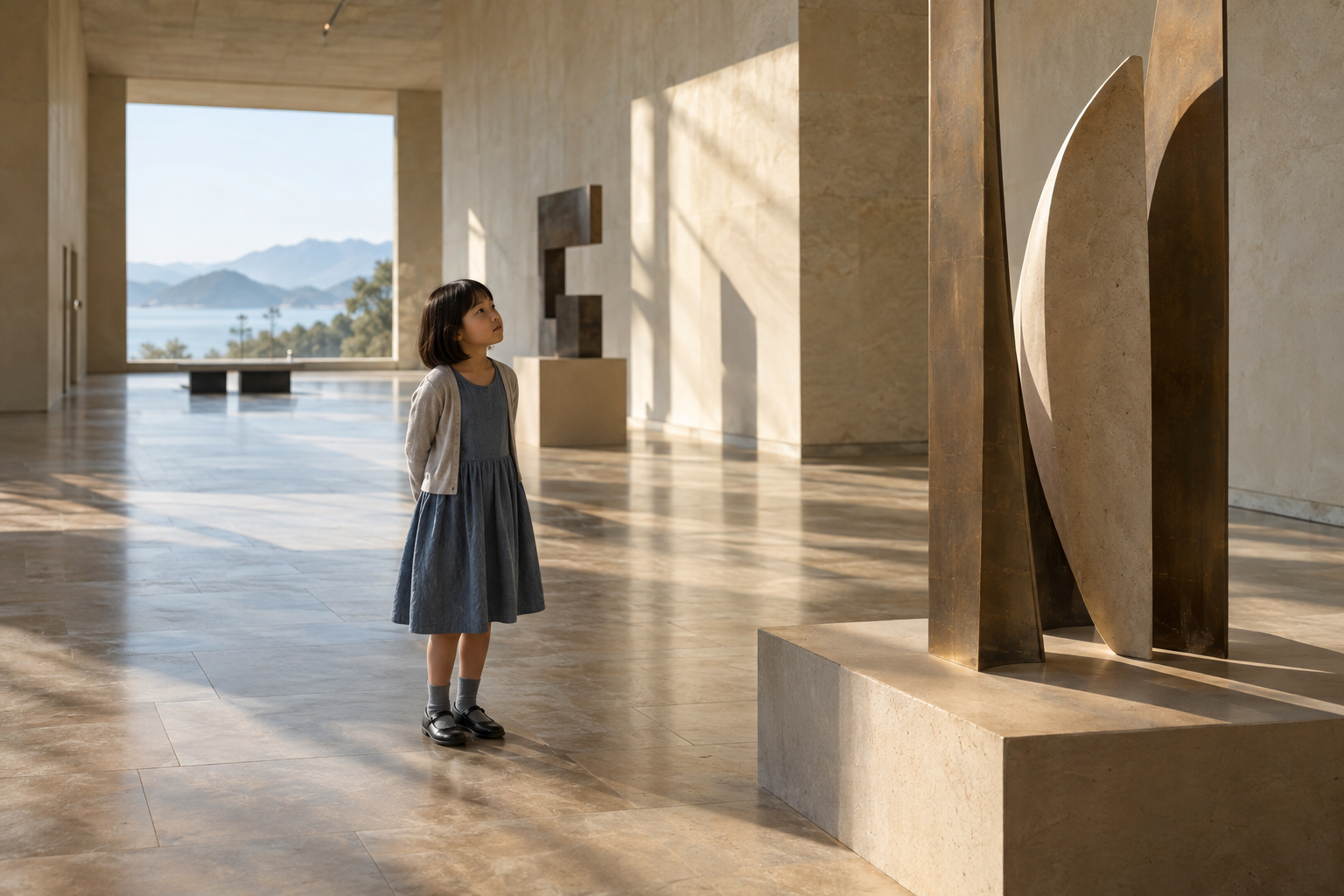朝の光が差す現代美術館で、彫刻と影の形を見つめる女の子