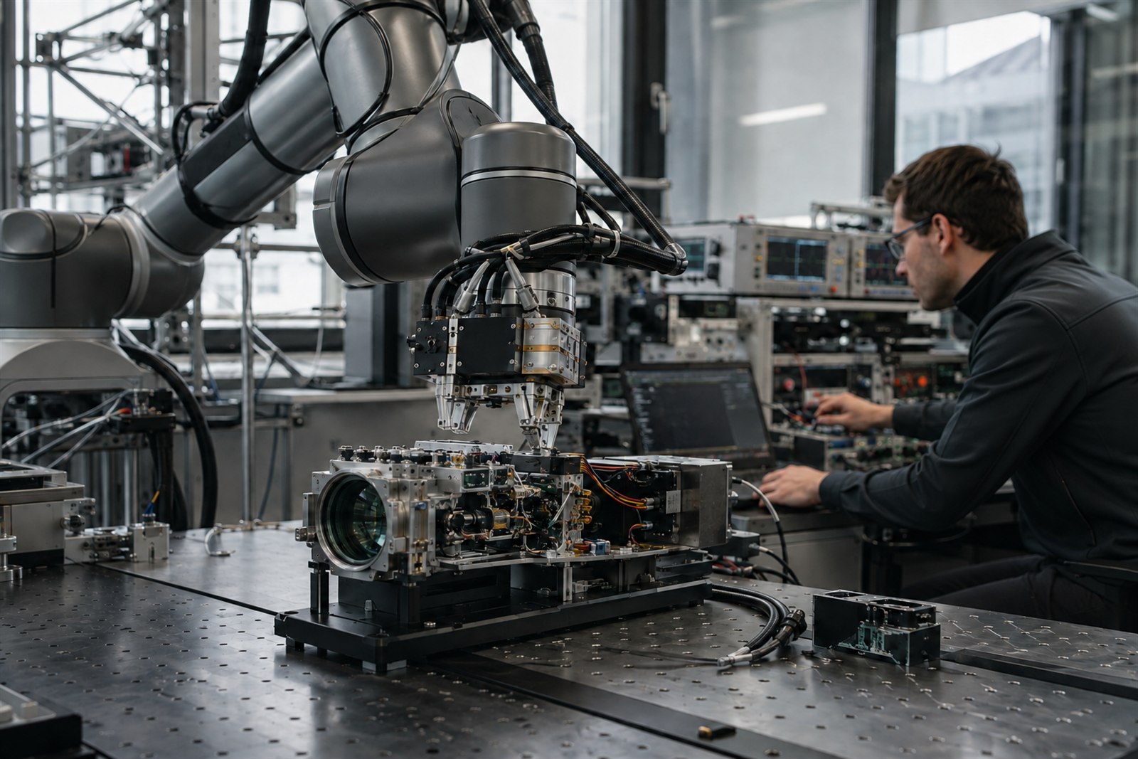 先端研究施設で、現代的な服装の研究者がロボットアームによる宇宙機器の組み立てを確認している様子