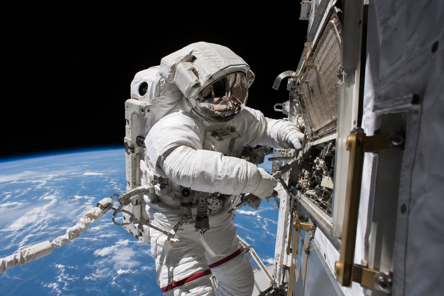 地球を背景に、一名の宇宙飛行士が宇宙船の外壁を点検・修理している様子