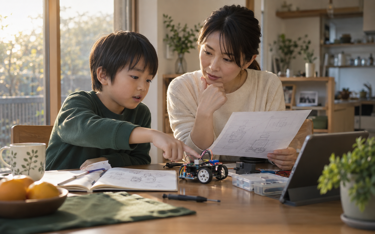 日本人の親子が家庭で小型ロボットの試作品と設計図を見比べている様子