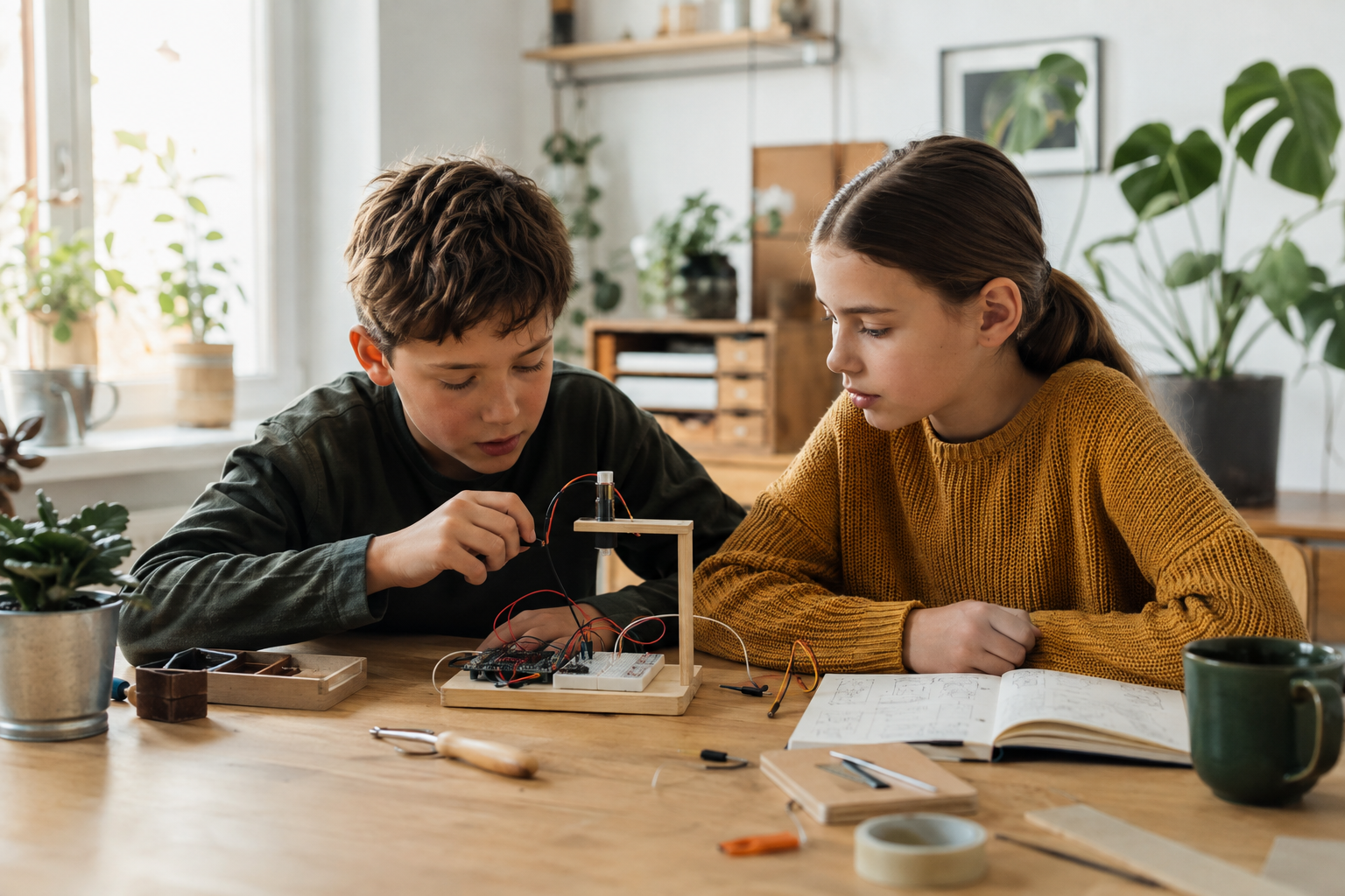 自然光の入る作業机で、子供たちがセンサーを使った装置を組み立てている様子
