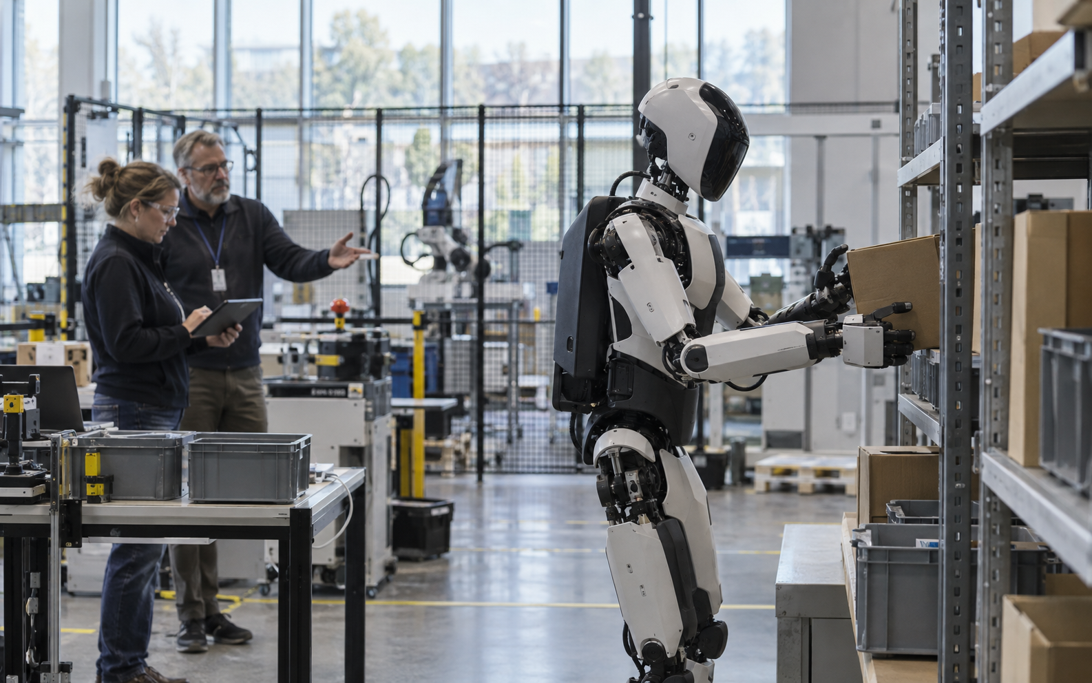 欧米人の技術者二人が実証施設で人型ロボットの作業を確認している様子