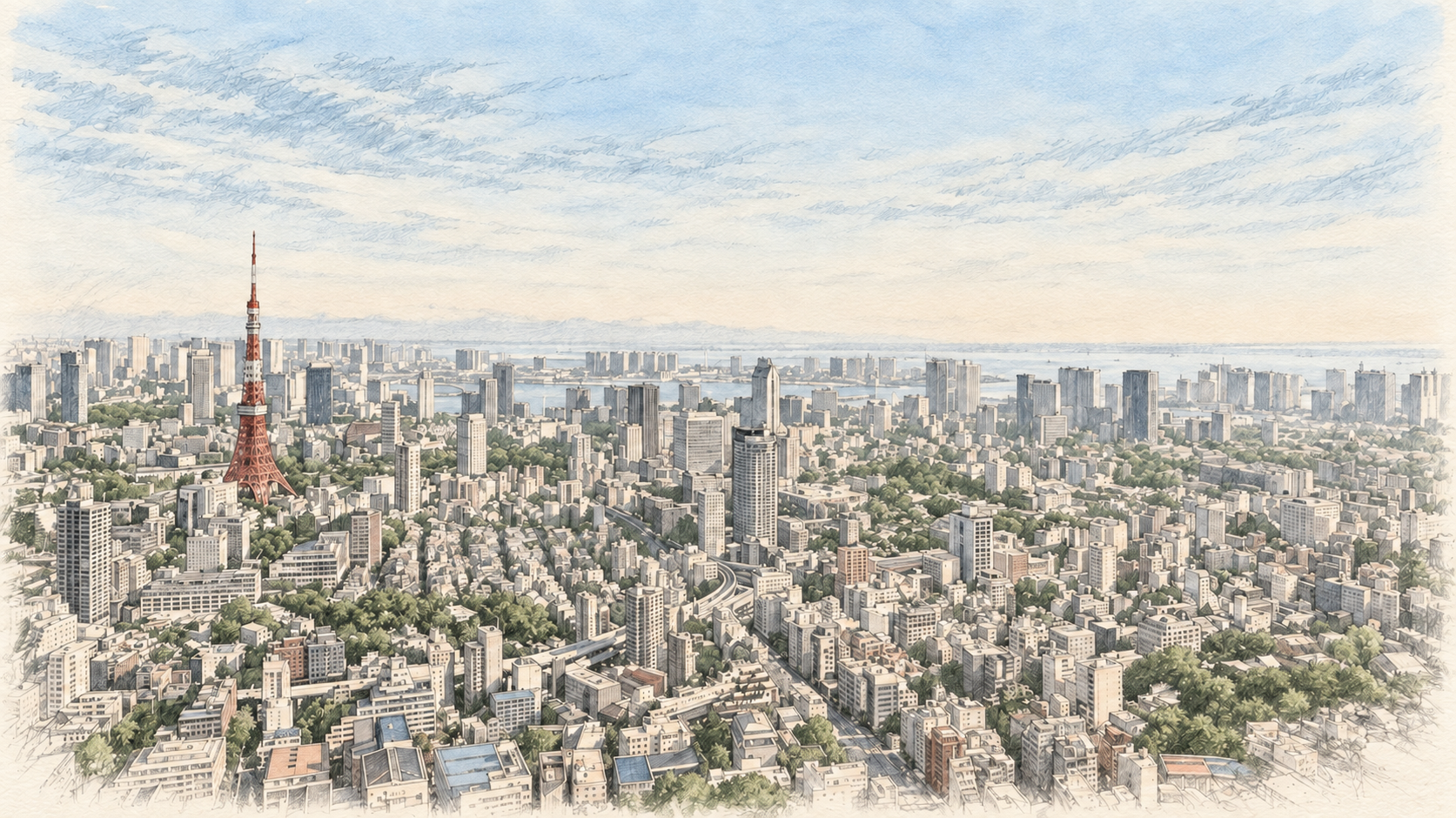 東京タワーと街の広がりを、鉛筆線と淡い水彩で描いた東京の風景。